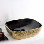  Isabella Plus Collection Rectangular Above Mount Vitreous China Basin with an Embossed Exterior, Smooth Interior, & Center Drain, Black/Gold