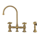  Vintage III Plus Bridge Faucet with Cross Handles, Long Gooseneck Swivel Spout, and Side Spray, Antique Brass, Faucet Height: 14-3/4'' H