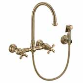  Vintage III Plus Wall Mount Faucet with a Long Gooseneck Swivel Spout, Cross Handles and Solid Brass Side Spray In Antique Brass, Spout Height: 7-1/2'' H
