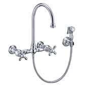  Vintage III Plus Wall Mount Faucet with a Long Gooseneck Swivel Spout, Cross Handles and Solid Brass Side Spray In Polished Chrome, Spout Height: 7-1/2'' H