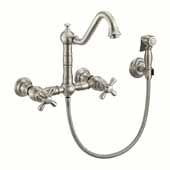  Vintage III Plus Wall Mount Faucet with a Long Traditional Swivel Spout, Cross Handles and Solid Brass Side Spray In Brushed Nickel, Spout Height: 7-3/4'' H