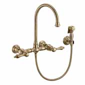  Vintage III Plus Wall Mount Faucet with a Long Gooseneck Swivel Spout, Lever Handles and Solid Brass Side Spray In Antique Brass, Spout Height: 7-1/2'' H