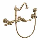  Vintage III Plus Wall Mount Faucet with a Long Traditional Swivel Spout, Lever Handles and Solid Brass Side Spray In Antique Brass, Spout Height: 7-3/4'' H