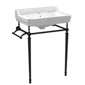  Victoriahaus Console with Integrated Rectangular Bowl in White, Matte Black Leg Support, Towel Bar, Backsplash, Single Hole