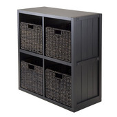  Timothy 5-Piece Set Wainscoting Panel Shelf 2x2 Cube Black with 4 Granville Chocolate Foldable Corn Husk Baskets