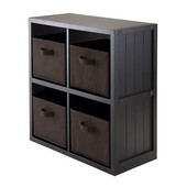  Timothy 5-Piece Set Wainscoting Panel Shelf 2x2 Cube Black with 4 Capri Chocolate Foldable Fabric Baskets