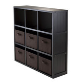  Timothy 7-Piece Set Wainscoting Panel Shelf 3x3 Cube Black with 6 Capri Chocolate Foldable Fabric Baskets