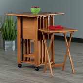  Sophia 5-Piece Snack Table Set with Mobile Stand and Drop Leaf Top, Teak, Table: 19'' W x 14-5/8'' D x 25-7/8'' H