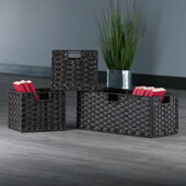  Melanie 3-Piece Foldable Woven Fiber Basket Set, 1-Large Basket and 2-Small Baskets, Chocolate, Large: 22-13/16'' W x 10-1/4'' D x 9'' H, Small: 11'' W x 10-1/4'' D x 9'' H