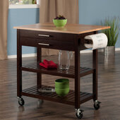  Langdon Mobile Kitchen Cart with Drop Leaf, 2-Drawers, 2-Slatted Open Shelves, and Towel Holder, Cappuccino and Natural, 33-1/8'' W x 26-1/4'' D x 34-1/2'' H