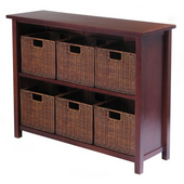  Milan 7-Piece Set 2-Tier Wide Storage Shelf with 6 Leo Foldable Woven Baskets, 39'' W x 13'' D x 30'' H, Walnut