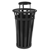  Oakley Slatted Metal Waste Receptacle with Rain Cover Lid and Plastic Liner, 24 Gallons, 23''Dia. X 44-1/4''H, Black